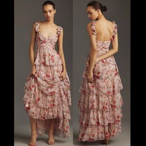 Mac Duggal‎ 55816 Size 6 Pink Ruffled Sleeveless Tiered Floral Maxi Dress Gown